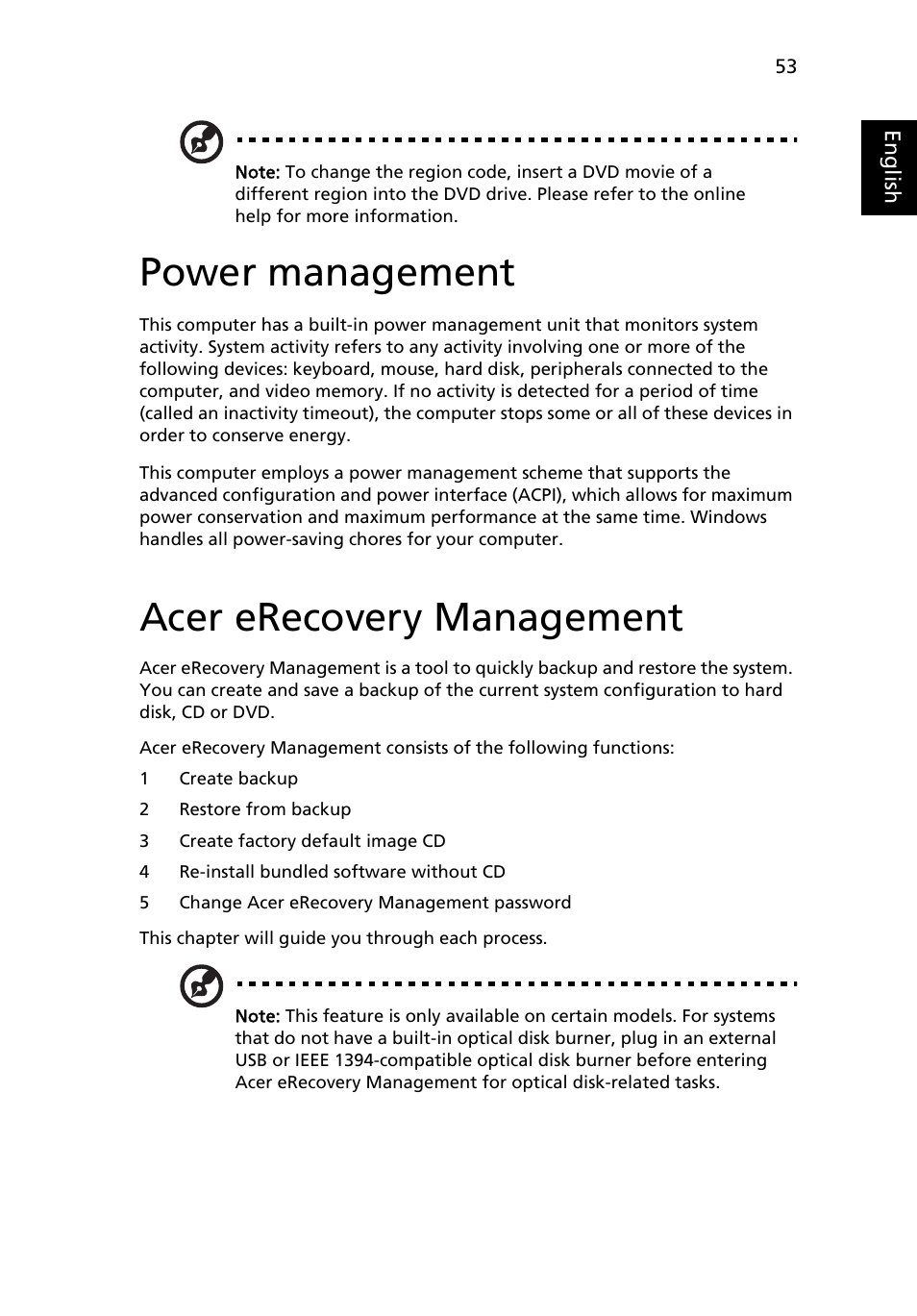 Power management, Acer erecovery management | Acer Aspire 3620 User Manual | Page 63 / 82