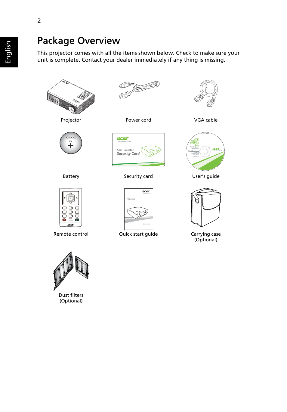 Package overview, English | Acer X112 User Manual | Page 12 / 56