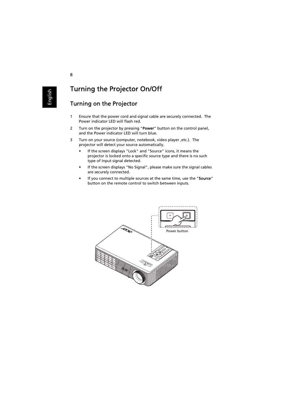 Turning the projector on/off, Turning on the projector | Acer X112 User Manual | Page 18 / 56