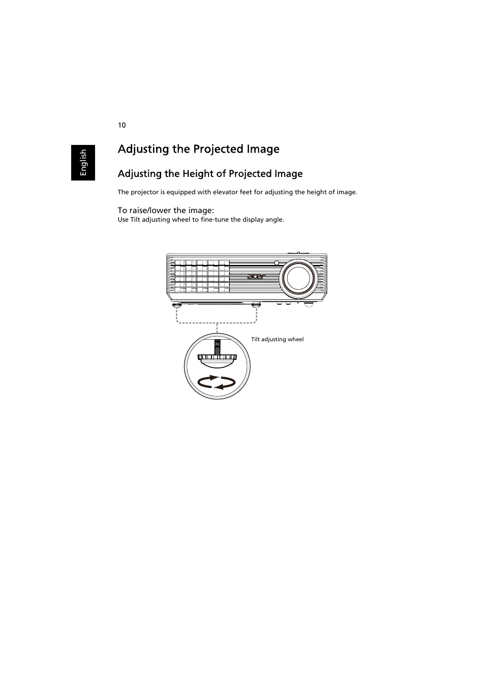 Adjusting the projected image, Adjusting the height of projected image | Acer X112 User Manual | Page 20 / 56