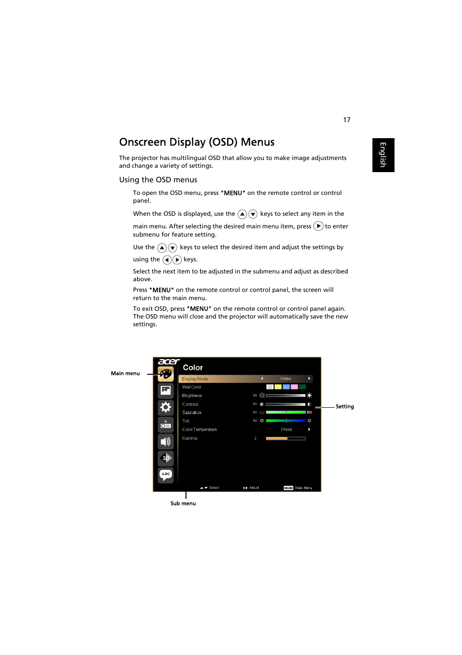 Onscreen display (osd) menus | Acer X112 User Manual | Page 27 / 56