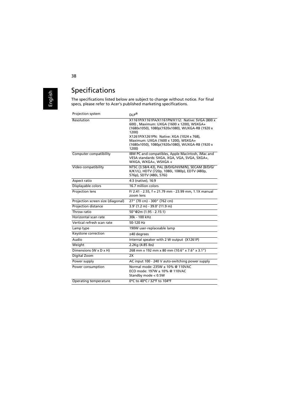 Specifications, En gl ish | Acer X112 User Manual | Page 48 / 56