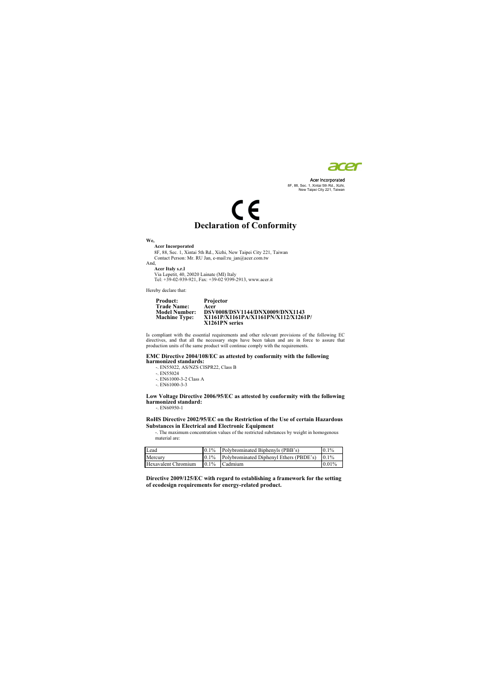 Hfodudwlrq ri &rqiruplw | Acer X112 User Manual | Page 54 / 56