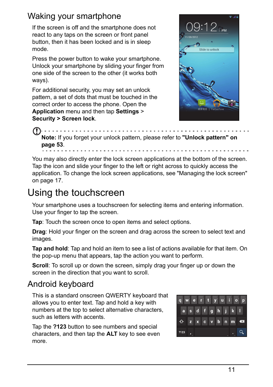 Waking your smartphone, Using the touchscreen, Android keyboard | Acer V360 User Manual | Page 11 / 69