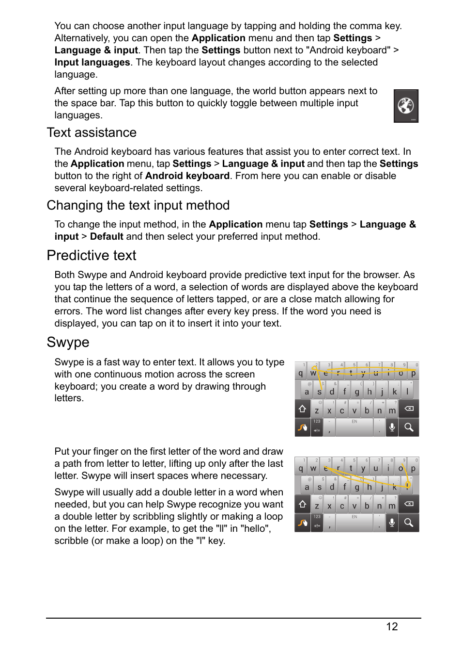 Predictive text, Swype, Text assistance | Changing the text input method | Acer V360 User Manual | Page 12 / 69