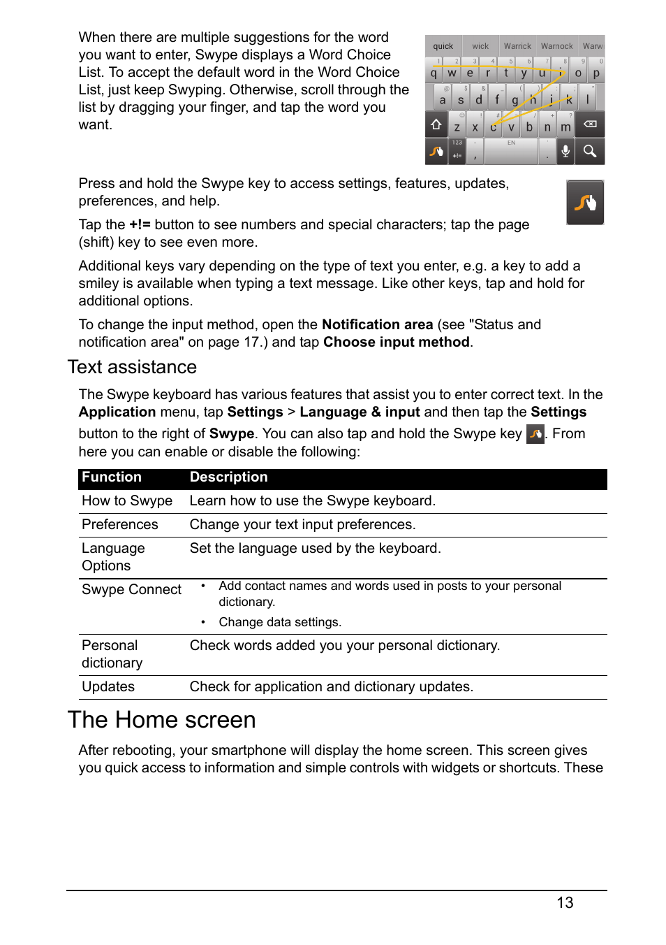 The home screen, Text assistance | Acer V360 User Manual | Page 13 / 69