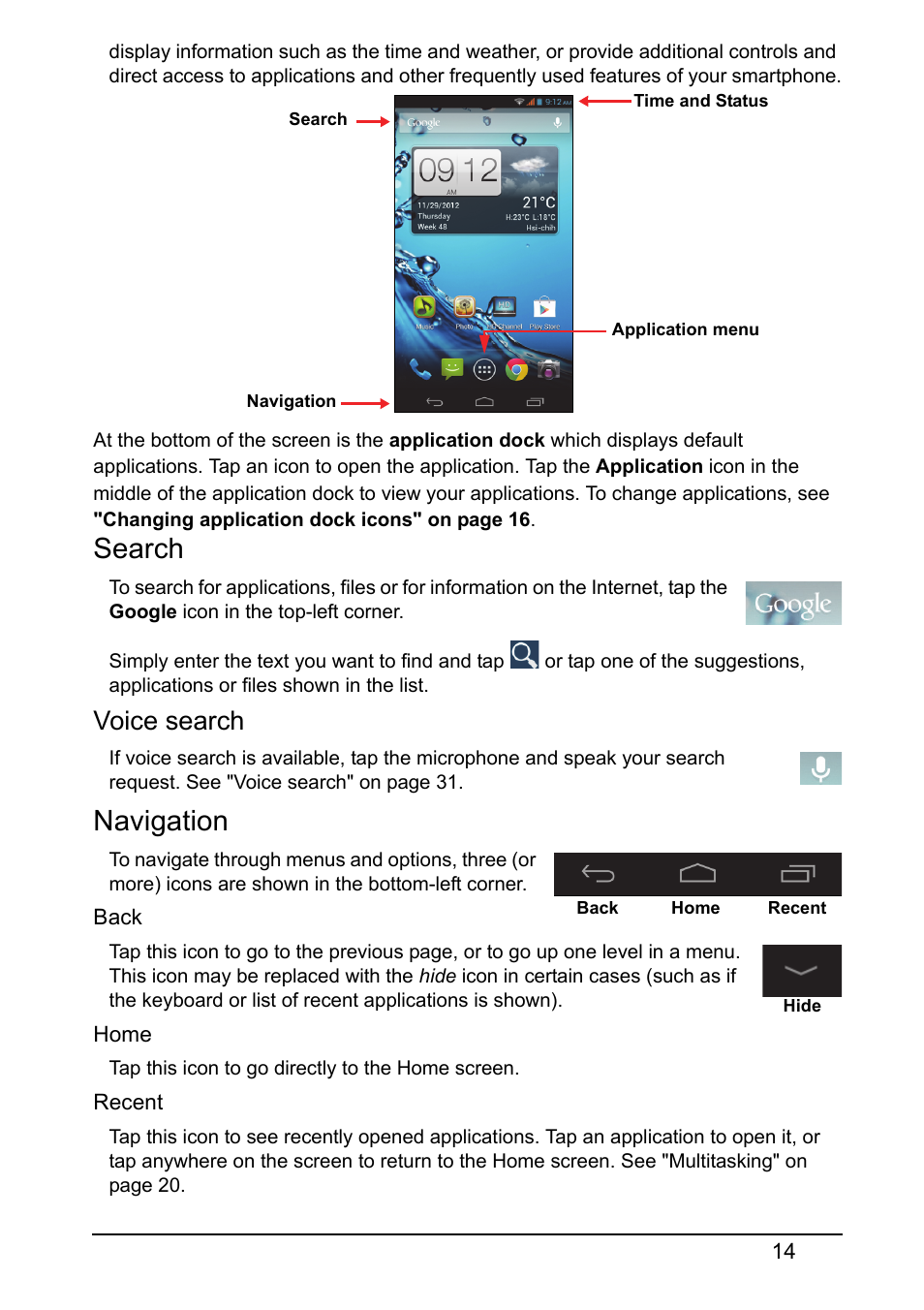 Navigation, Search, Voice search | Acer V360 User Manual | Page 14 / 69