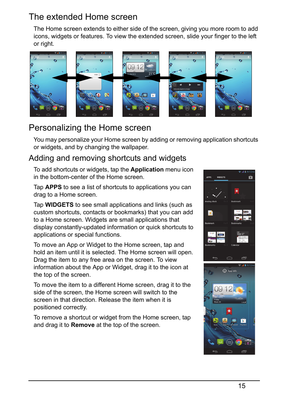 The extended home screen, Personalizing the home screen, Adding and removing shortcuts and widgets | Acer V360 User Manual | Page 15 / 69