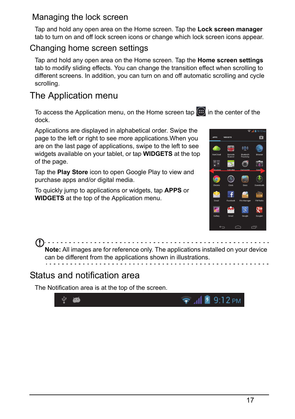 The application menu, Status and notification area, Managing the lock screen | Changing home screen settings | Acer V360 User Manual | Page 17 / 69
