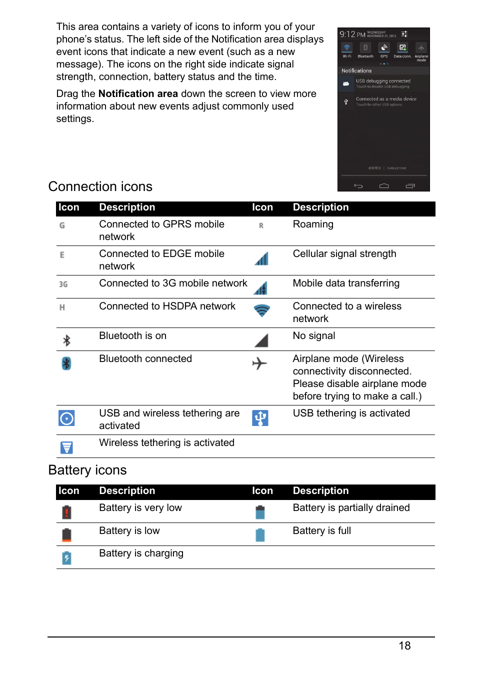 Connection icons battery icons | Acer V360 User Manual | Page 18 / 69