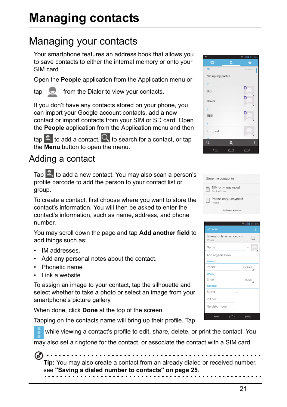 Managing contacts, Managing your contacts, Adding a contact | Acer V360 User Manual | Page 21 / 69