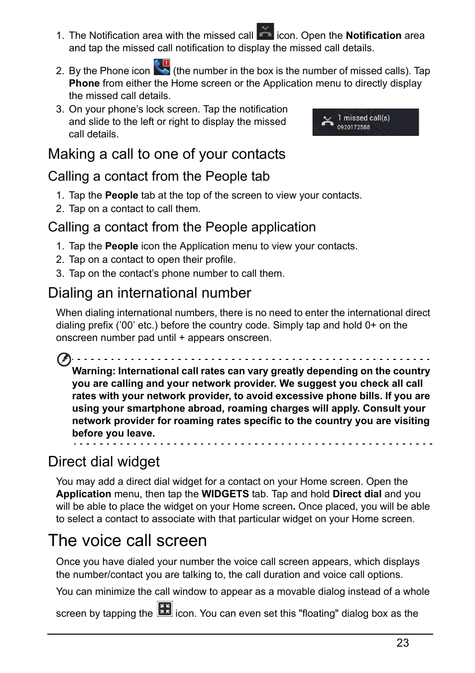 Making a call to one of your contacts, Dialing an international number, Direct dial widget | The voice call screen, Calling a contact from the people tab, Calling a contact from the people application | Acer V360 User Manual | Page 23 / 69