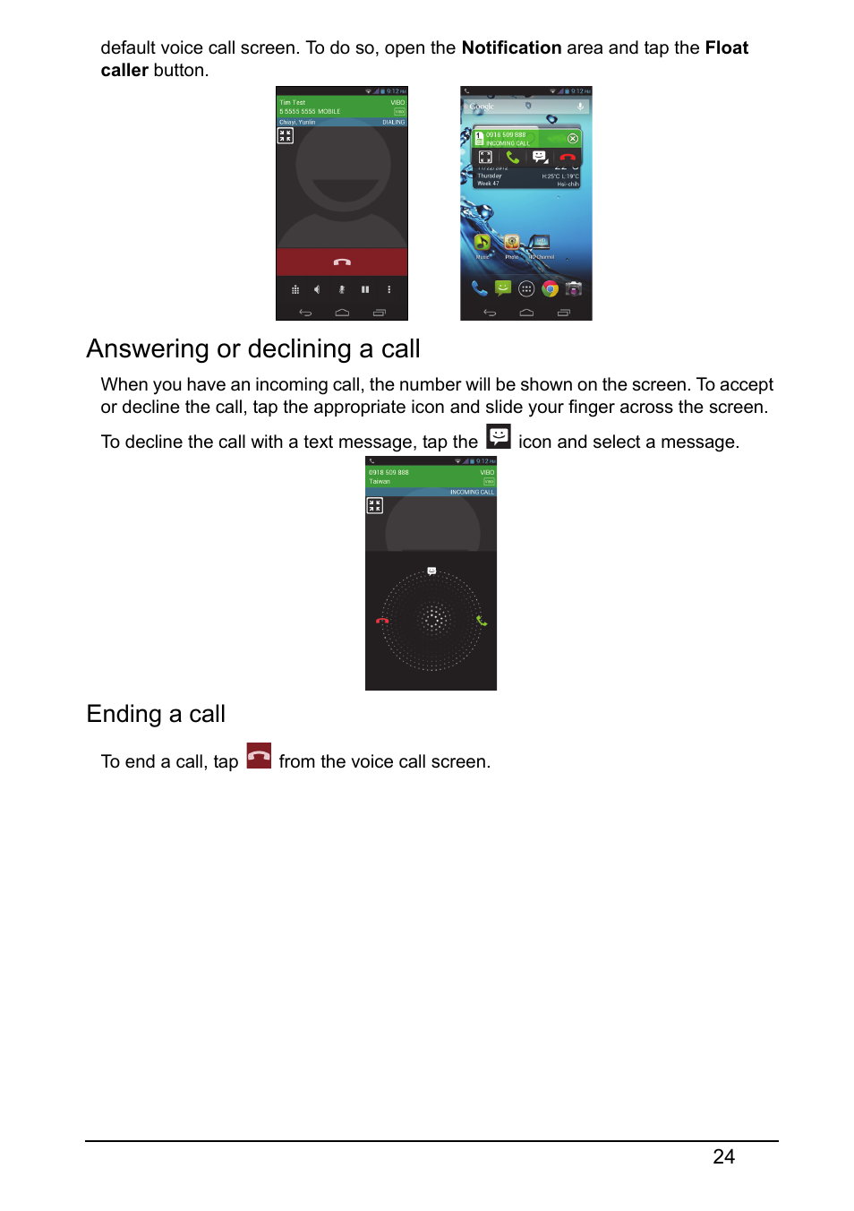 Answering or declining a call, Ending a call | Acer V360 User Manual | Page 24 / 69