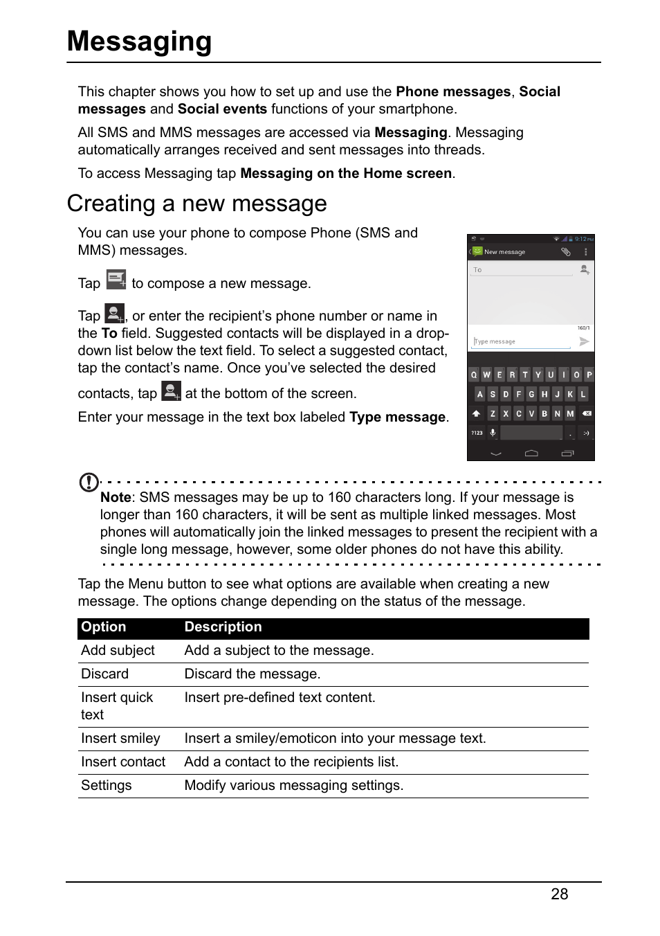 Messaging, Creating a new message | Acer V360 User Manual | Page 28 / 69