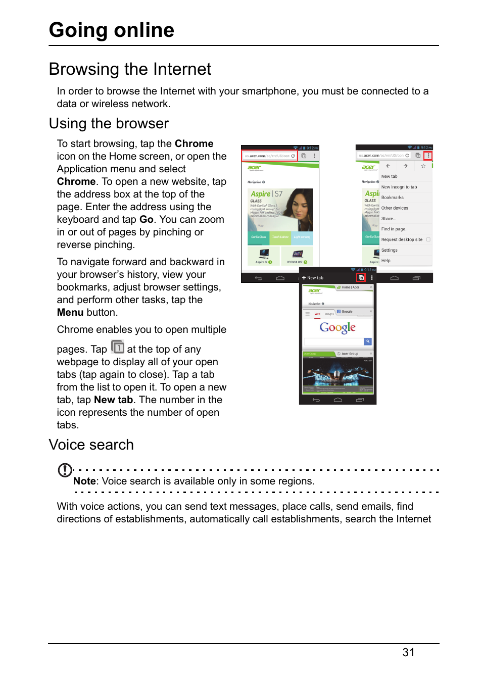 Going online, Browsing the internet, Using the browser | Voice search | Acer V360 User Manual | Page 31 / 69