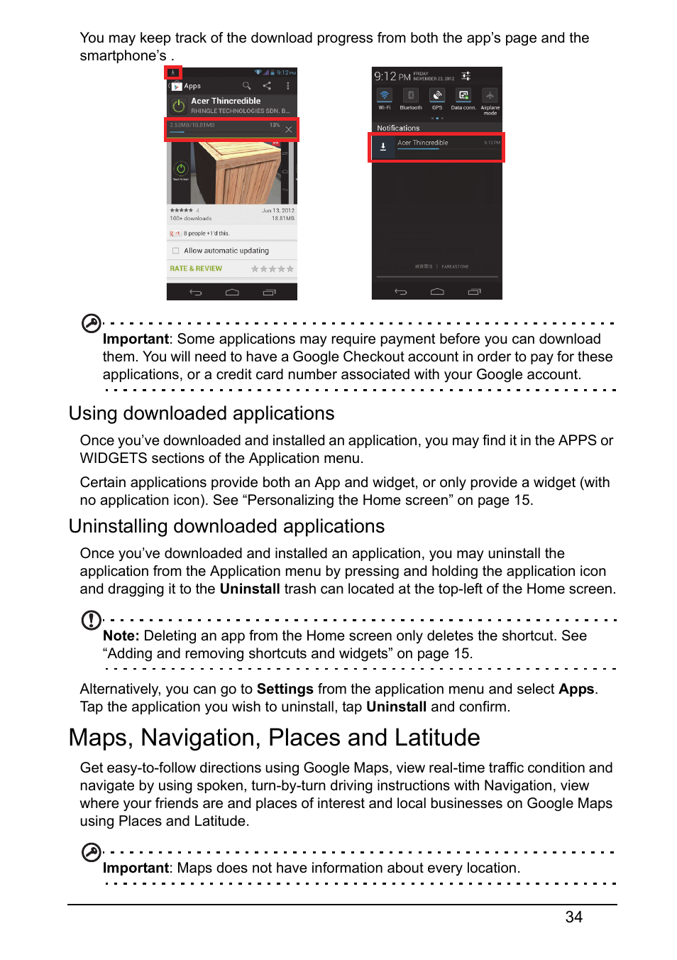 Maps, navigation, places and latitude, Using downloaded applications, Uninstalling downloaded applications | Acer V360 User Manual | Page 34 / 69