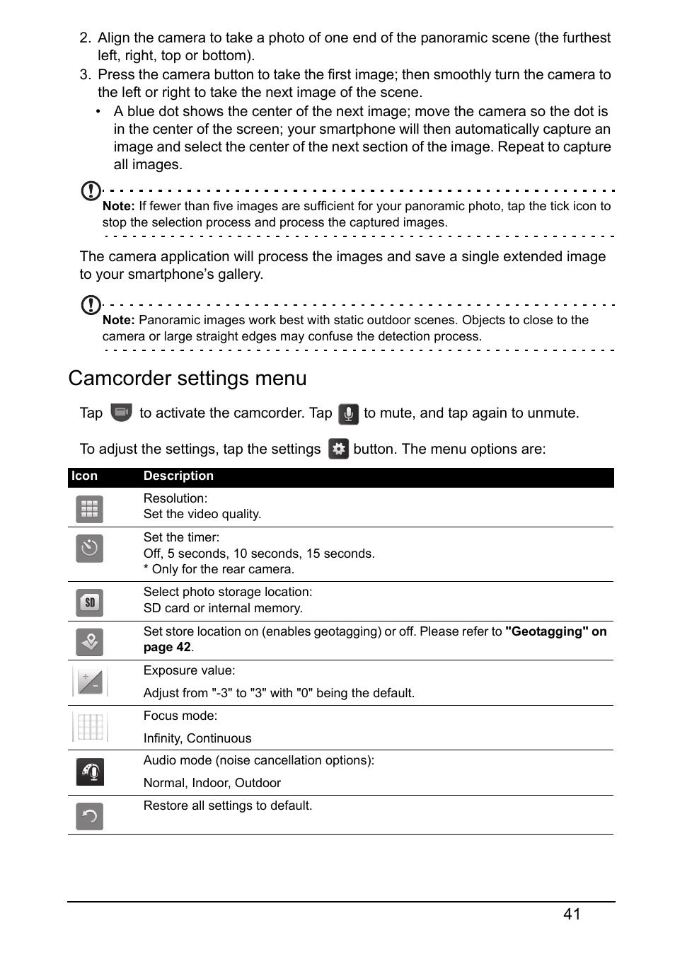 Camcorder settings menu | Acer V360 User Manual | Page 41 / 69