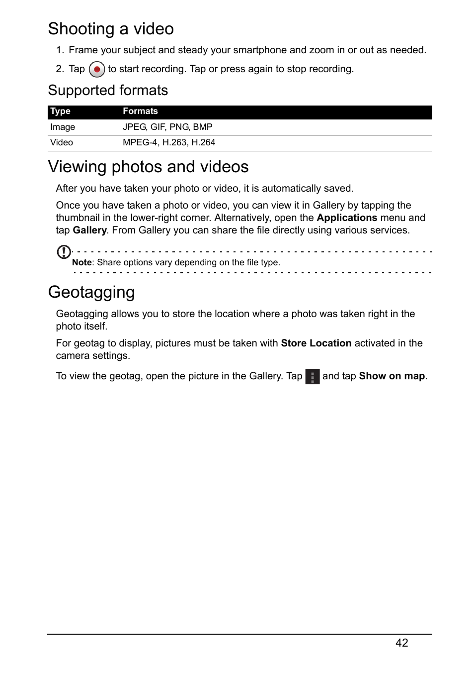 Shooting a video, Supported formats, Viewing photos and videos | Geotagging | Acer V360 User Manual | Page 42 / 69
