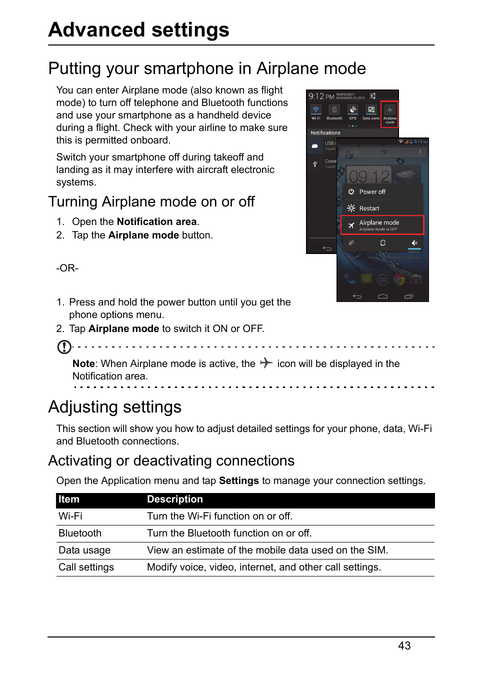 Advanced settings, Putting your smartphone in airplane mode, Turning airplane mode on or off | Adjusting settings, Activating or deactivating connections | Acer V360 User Manual | Page 43 / 69