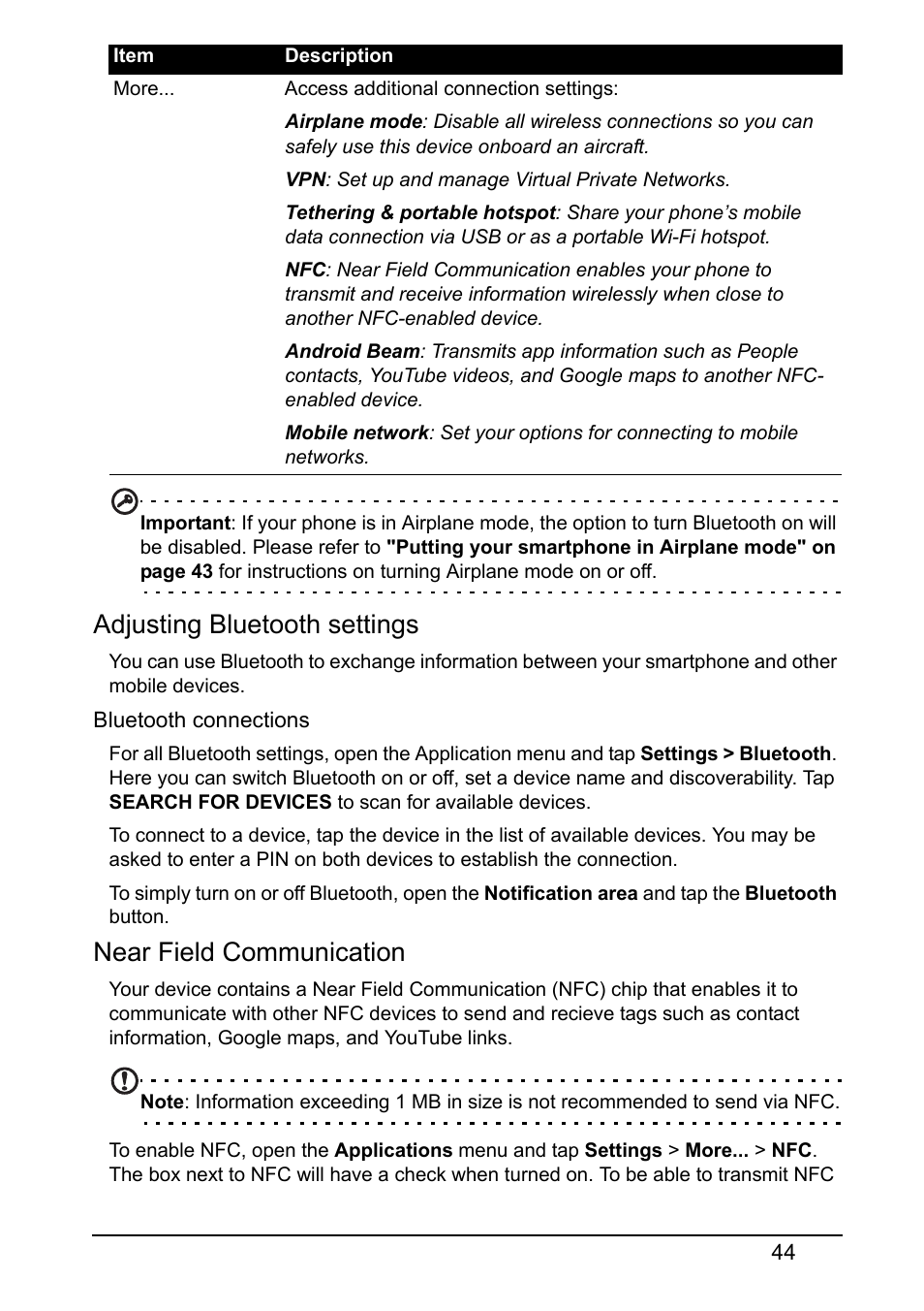 Adjusting bluetooth settings, Near field communication | Acer V360 User Manual | Page 44 / 69