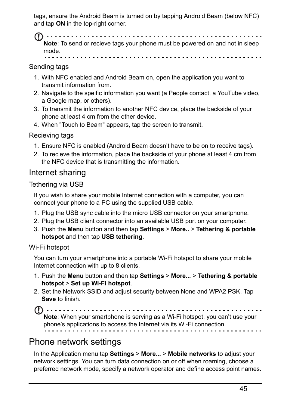 Phone network settings, Internet sharing | Acer V360 User Manual | Page 45 / 69