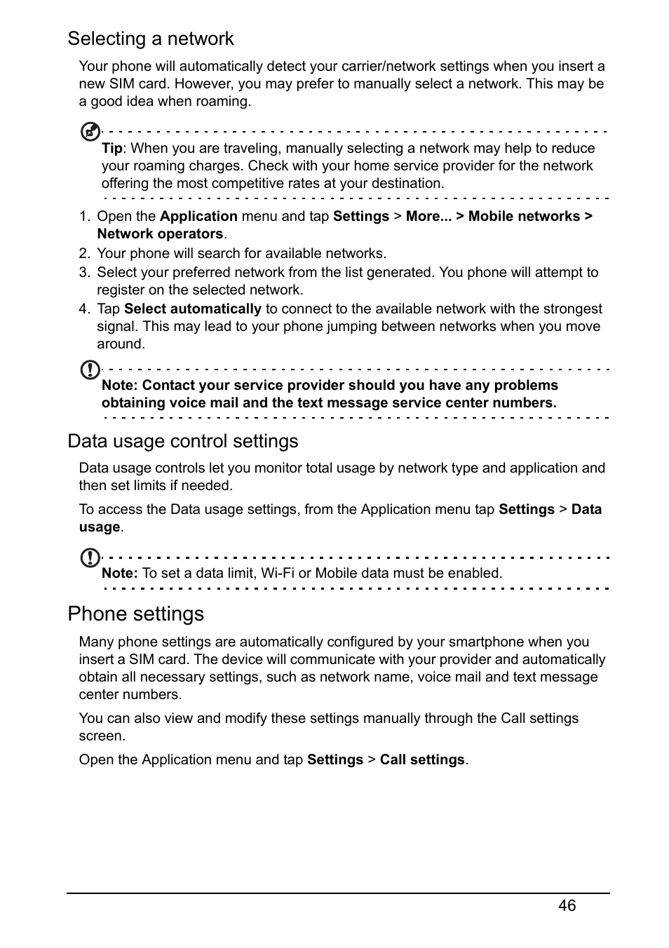 Phone settings, Selecting a network, Data usage control settings | Acer V360 User Manual | Page 46 / 69