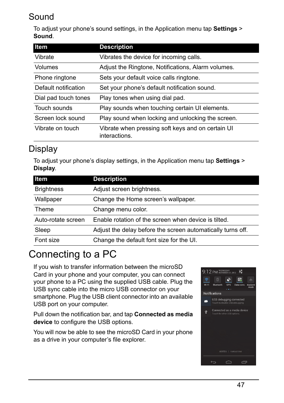 Sound, Display, Connecting to a pc | Acer V360 User Manual | Page 47 / 69