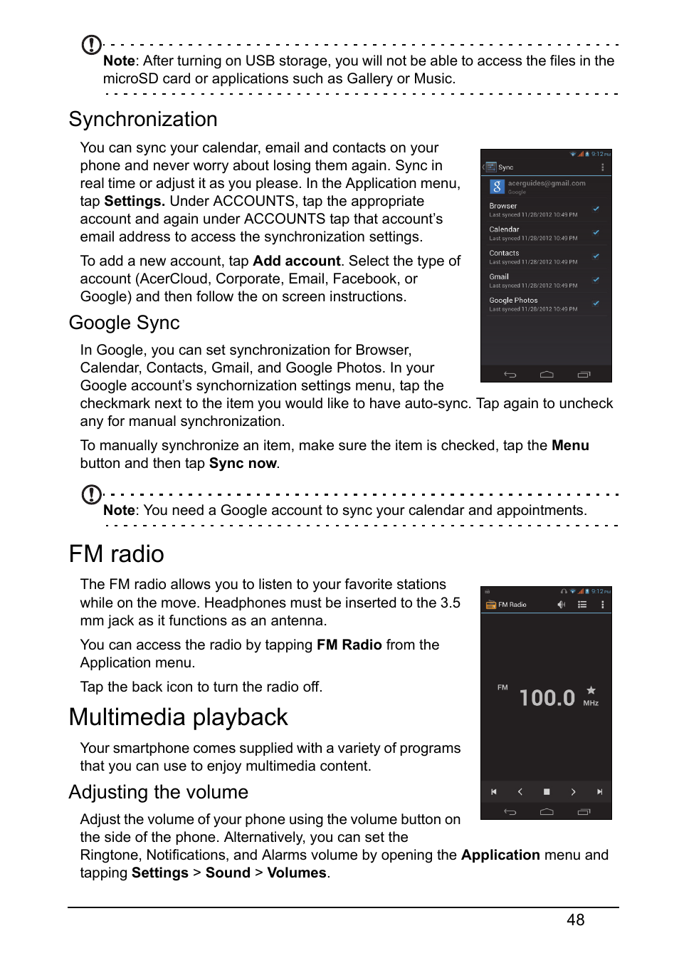 Synchronization, Fm radio, Multimedia playback | Fm radio multimedia playback | Acer V360 User Manual | Page 48 / 69