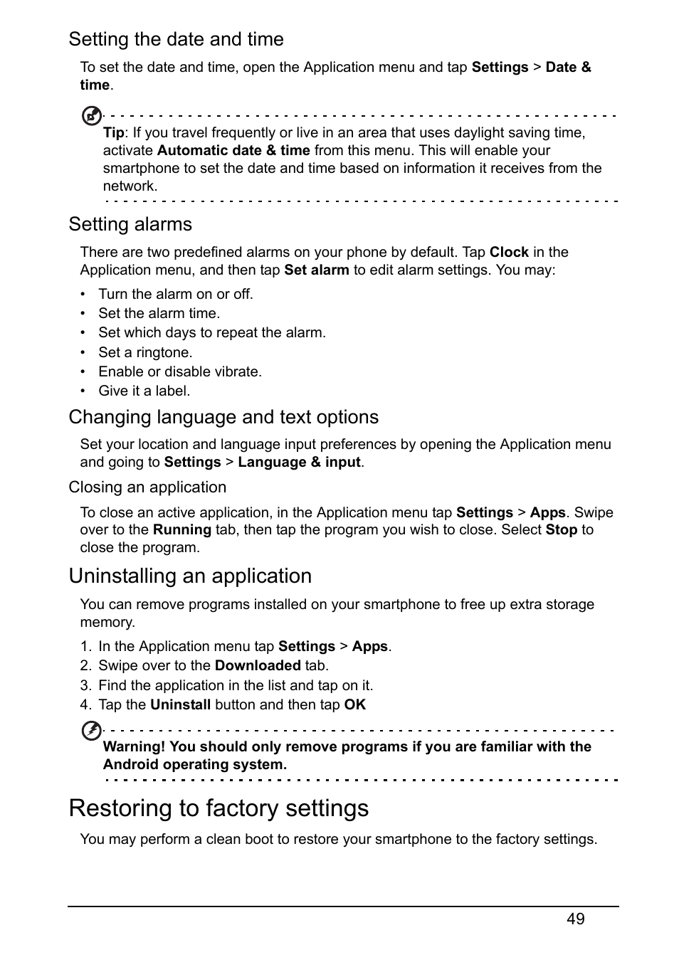 Uninstalling an application, Restoring to factory settings, Setting the date and time | Setting alarms, Changing language and text options | Acer V360 User Manual | Page 49 / 69