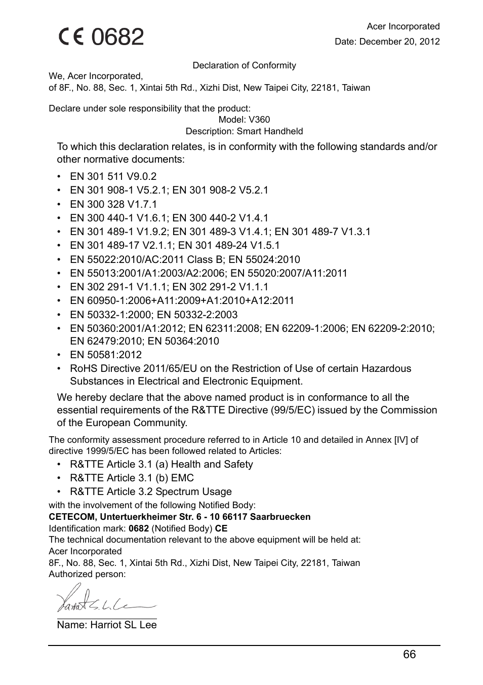 Declaration of conformity | Acer V360 User Manual | Page 66 / 69