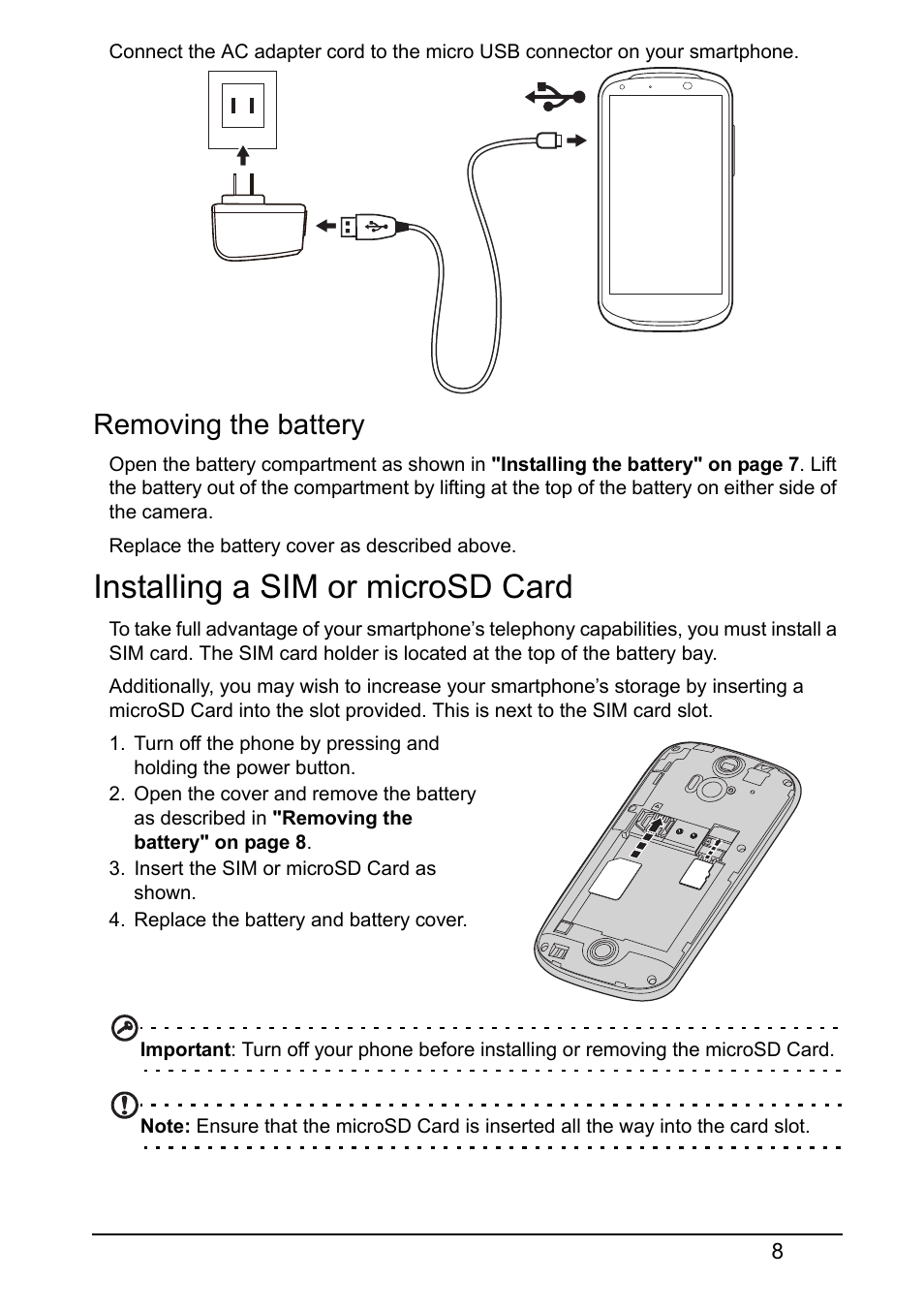 Removing the battery, Installing a sim or microsd card | Acer V360 User Manual | Page 8 / 69