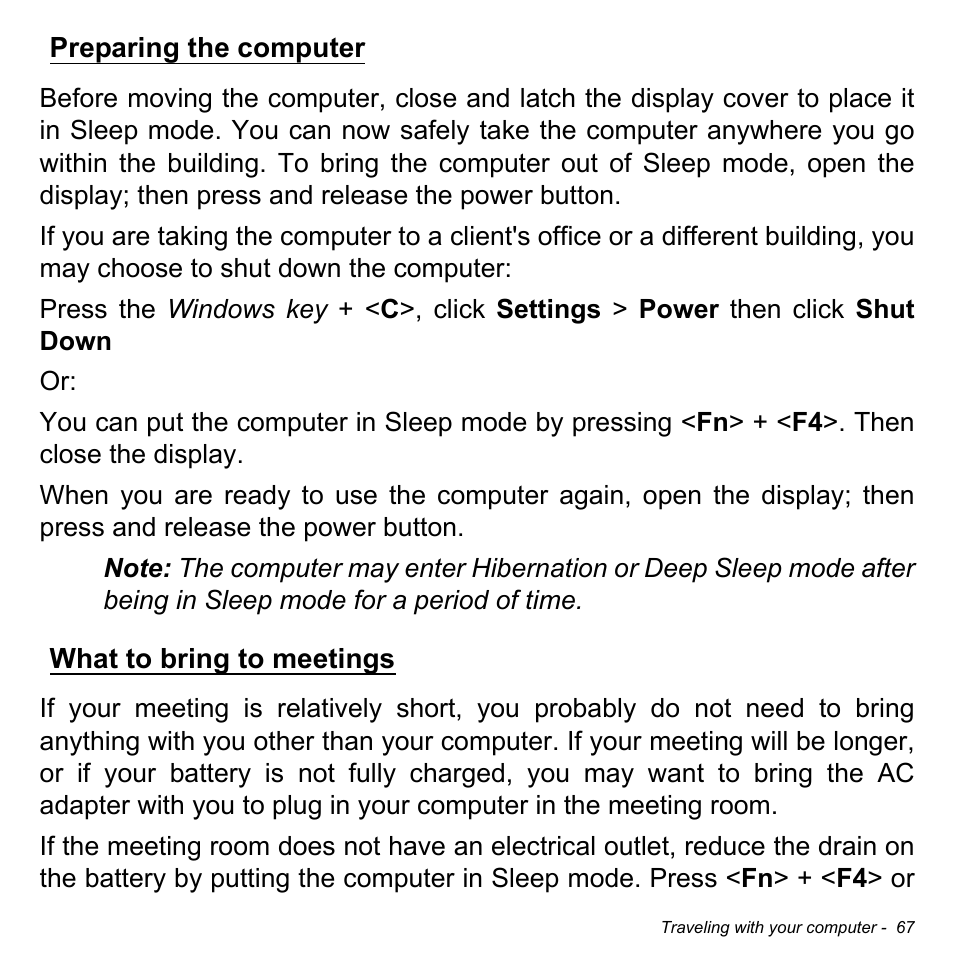 Preparing the computer, What to bring to meetings, Preparing the computer what to bring to meetings | Acer Aspire E1-422G User Manual | Page 67 / 103