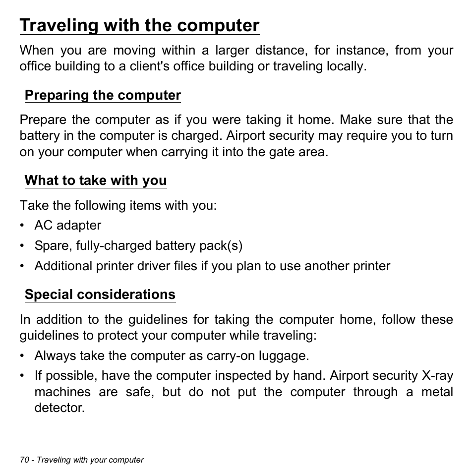 Traveling with the computer, Preparing the computer, What to take with you | Special considerations | Acer Aspire E1-422G User Manual | Page 70 / 103