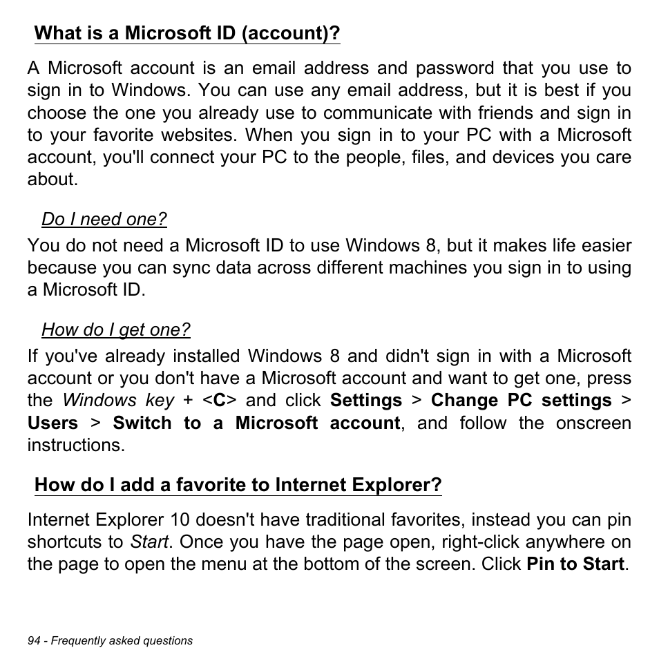 What is a microsoft id (account), How do i add a favorite to internet explorer | Acer Aspire E1-422G User Manual | Page 94 / 103