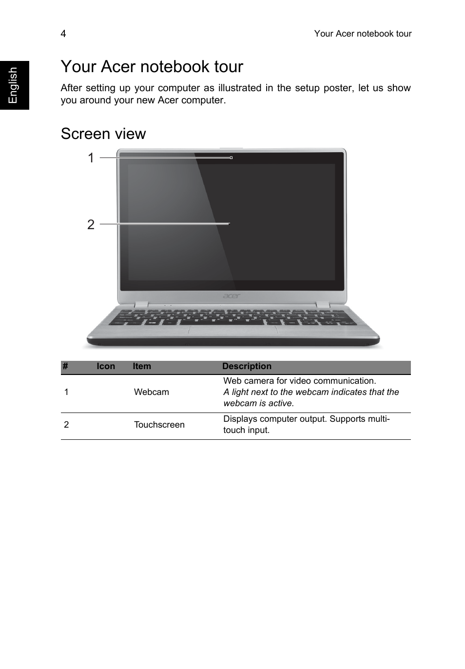 Your acer notebook tour, Screen view | Acer Aspire V5-132 User Manual | Page 4 / 10