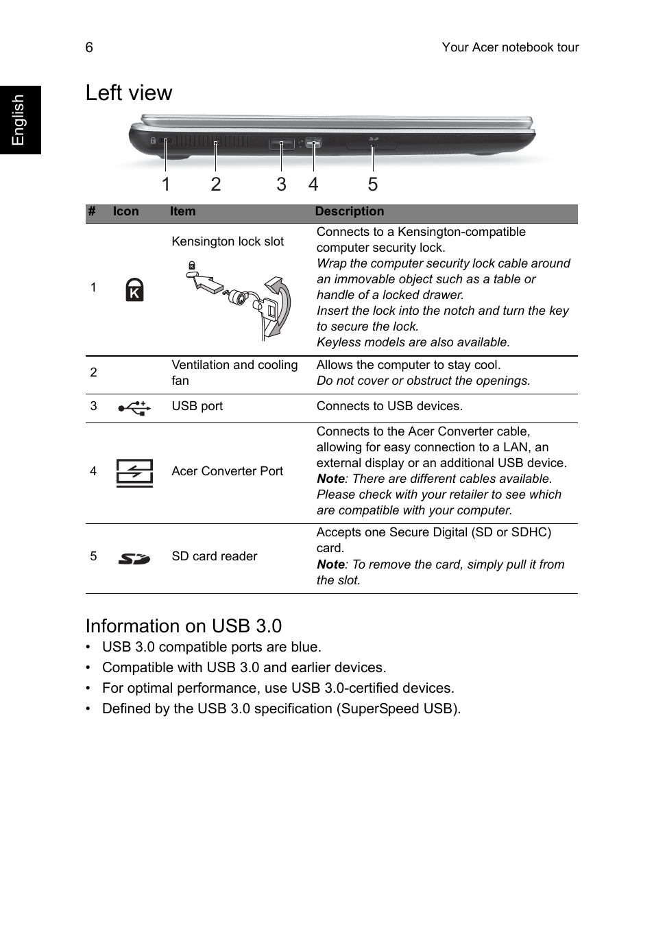 Left view, Information on usb 3.0 | Acer Aspire V5-132 User Manual | Page 6 / 10