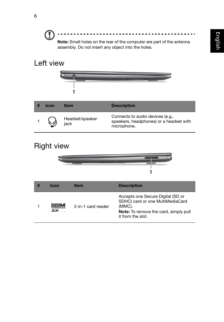 Left view, Right view, Left view right view | Acer Aspire S3-951 User Manual | Page 6 / 8