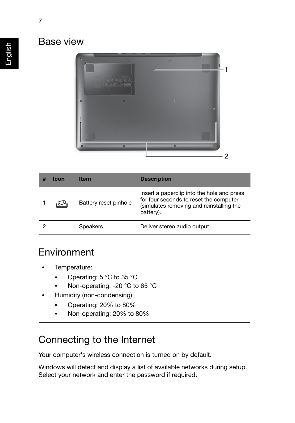 Base view, Environment, Connecting to the internet | Base view environment connecting to the internet | Acer Aspire S3-951 User Manual | Page 7 / 8