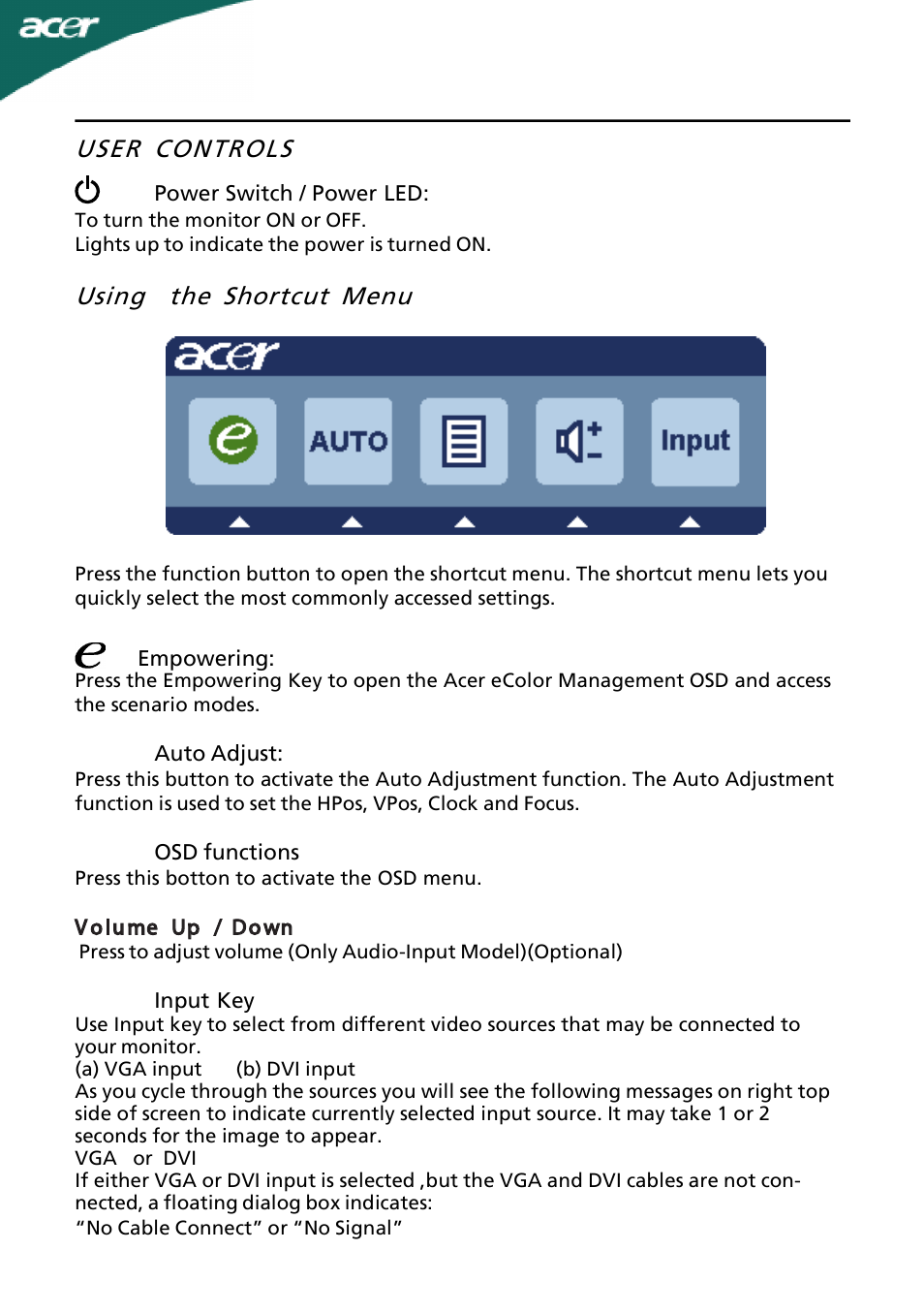 User controls, Using the shortcut menu | Acer A181HV User Manual | Page 14 / 23