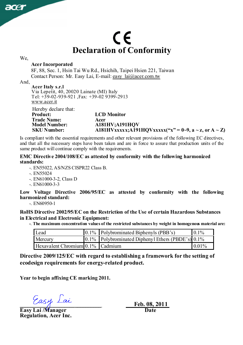Declaration of conformity | Acer A181HV User Manual | Page 22 / 23