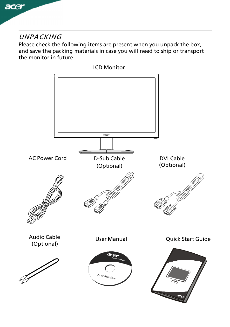 Unpacking | Acer A181HV User Manual | Page 6 / 23
