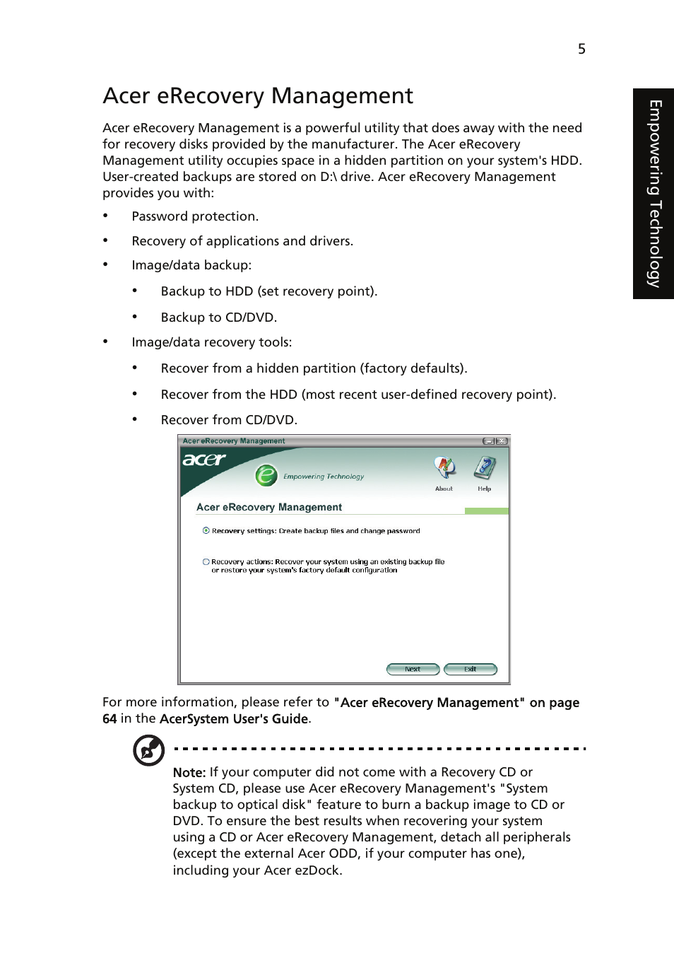 Acer erecovery management | Acer Aspire 5510 User Manual | Page 15 / 96