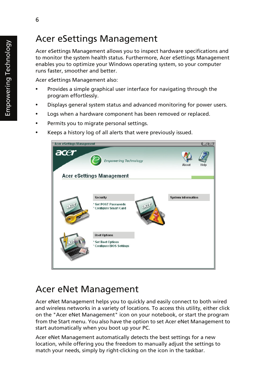 Acer esettings management, Acer enet management | Acer Aspire 5510 User Manual | Page 16 / 96