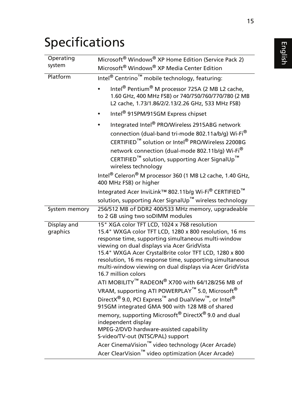 Specifications, Eng lis h | Acer Aspire 5510 User Manual | Page 25 / 96