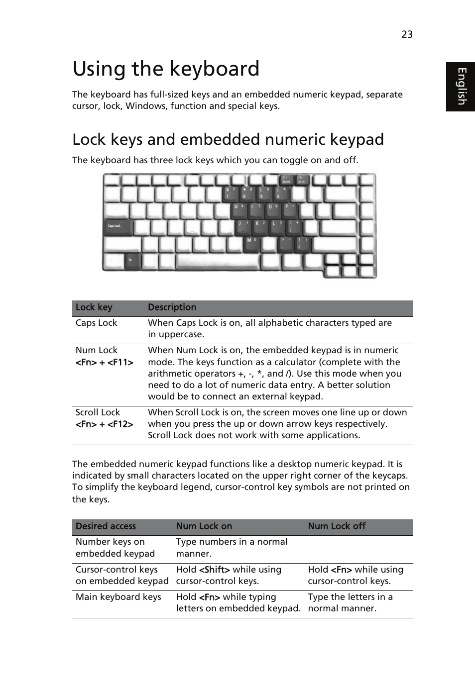 Using the keyboard, Lock keys and embedded numeric keypad | Acer Aspire 5510 User Manual | Page 33 / 96