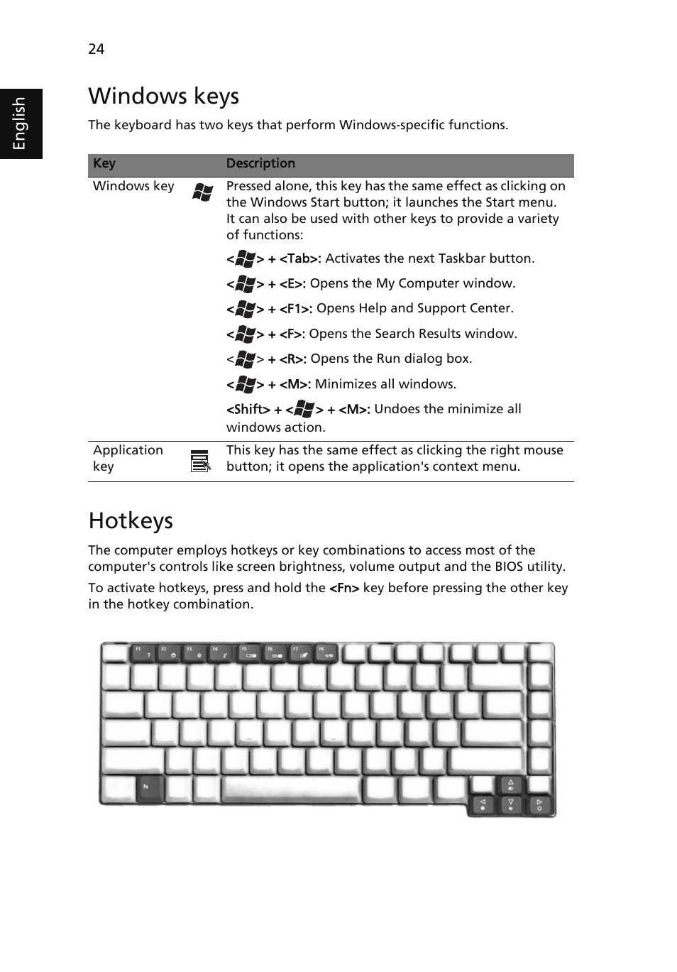 Windows keys, Hotkeys | Acer Aspire 5510 User Manual | Page 34 / 96