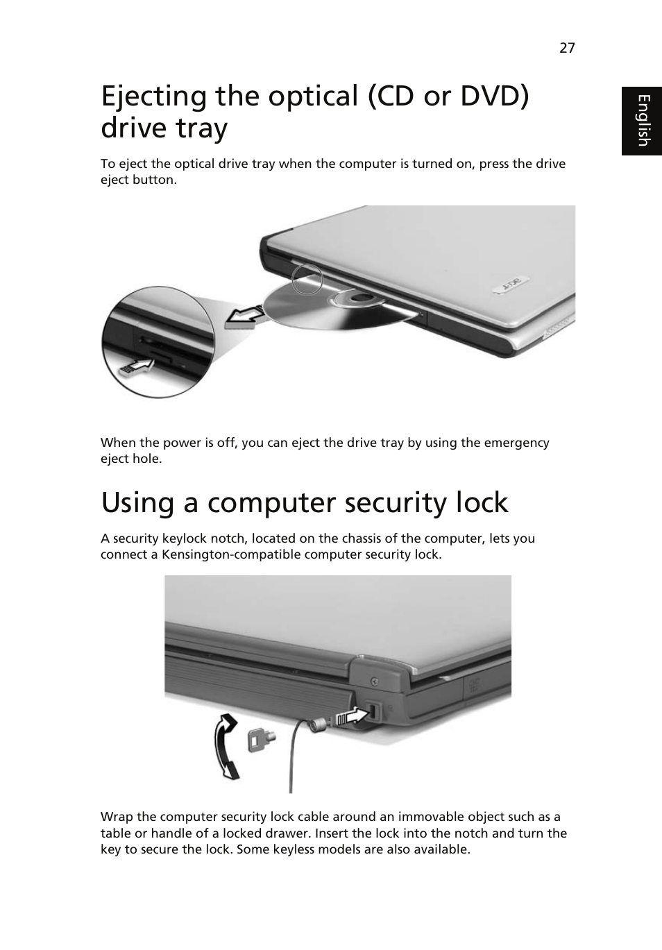 Ejecting the optical (cd or dvd) drive tray, Using a computer security lock | Acer Aspire 5510 User Manual | Page 37 / 96