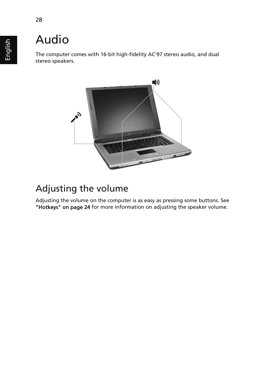 Audio, Adjusting the volume | Acer Aspire 5510 User Manual | Page 38 / 96