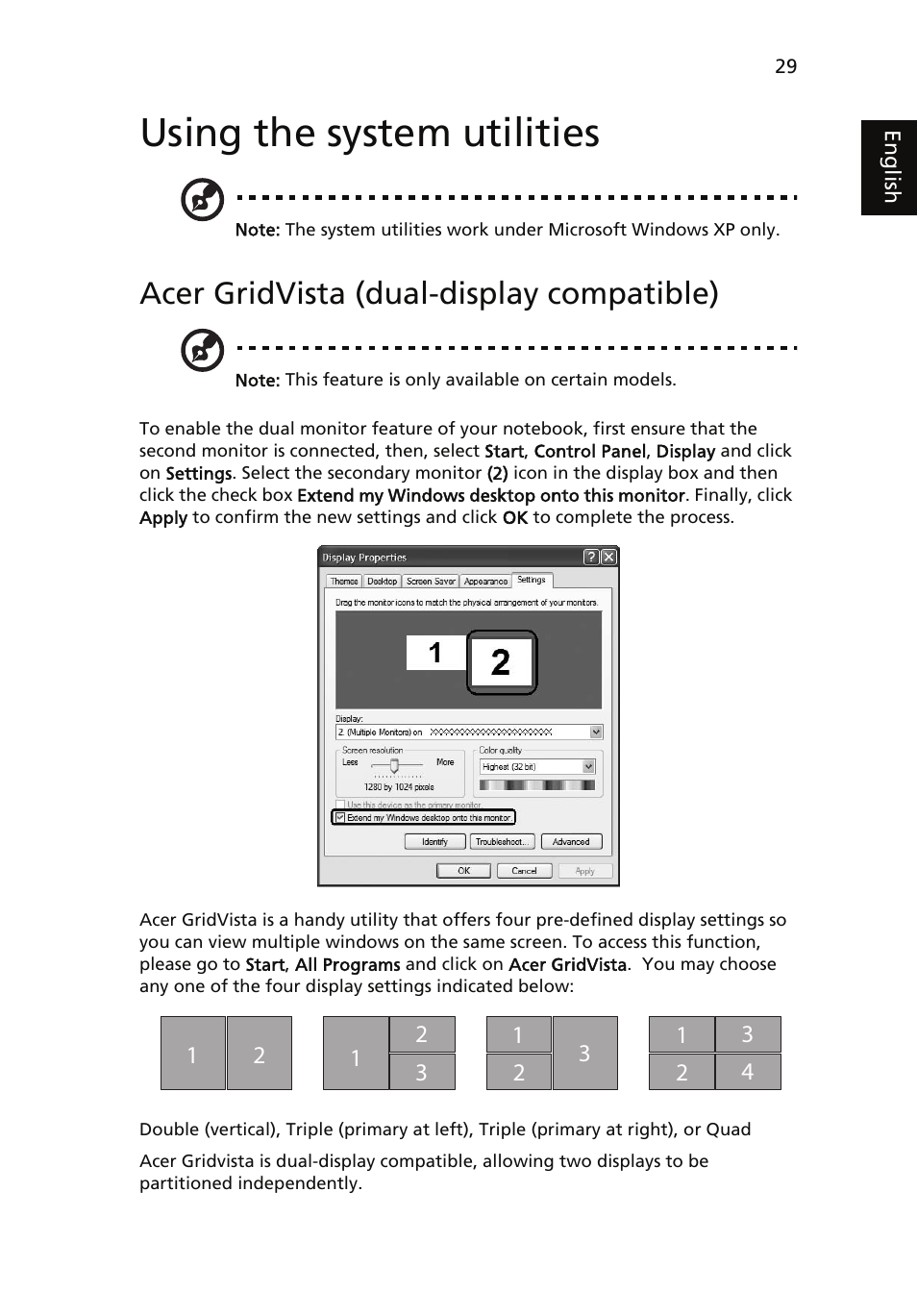 Using the system utilities, Acer gridvista (dual-display compatible) | Acer Aspire 5510 User Manual | Page 39 / 96