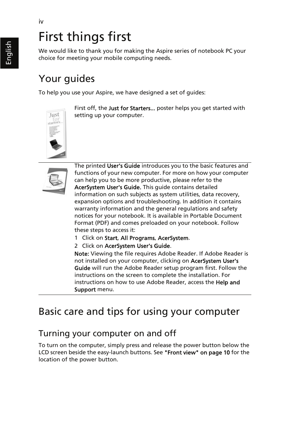 First things first, Your guides, Basic care and tips for using your computer | Acer Aspire 5510 User Manual | Page 4 / 96